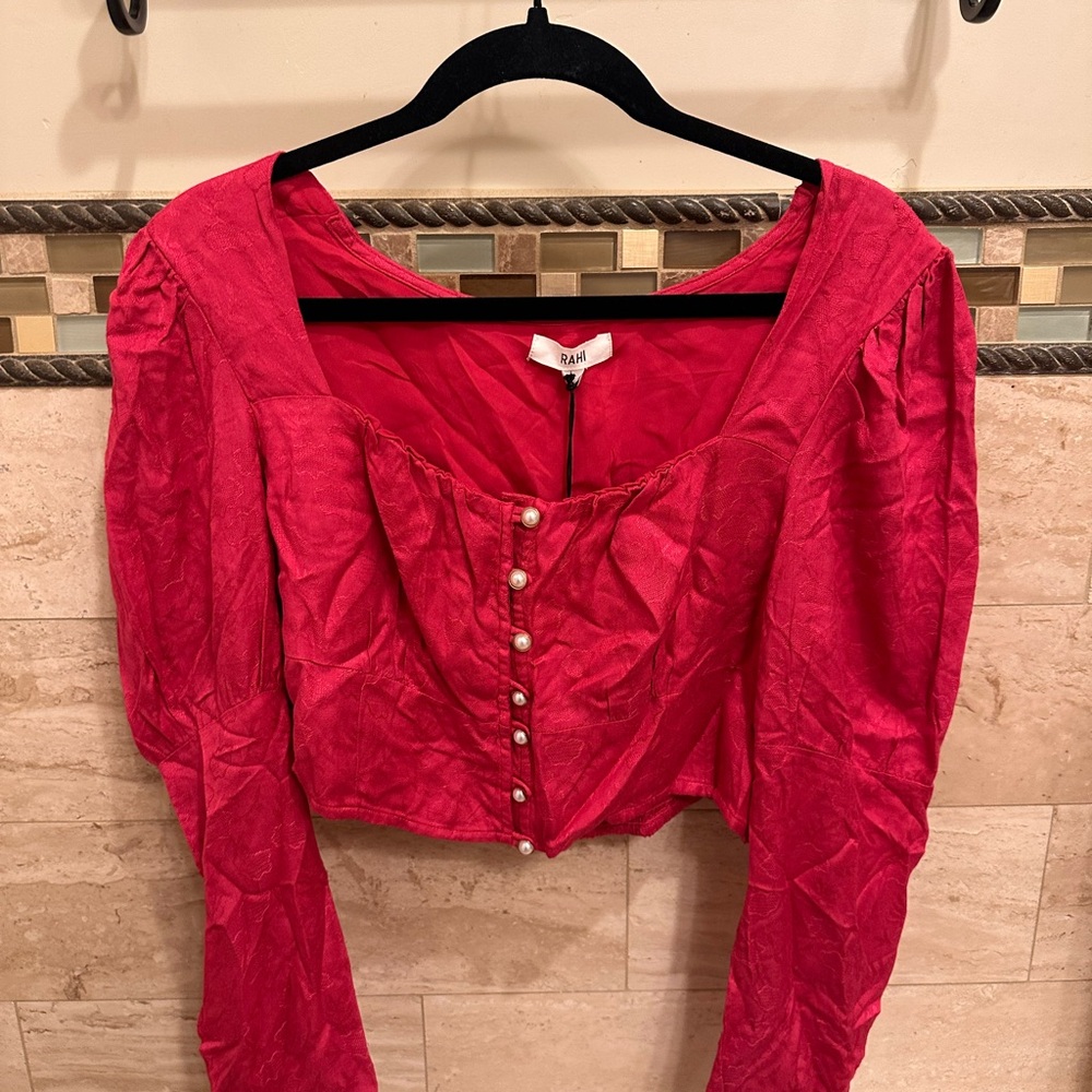 Rahi Anthropologie Chic Red Blouse with Pearl Accents